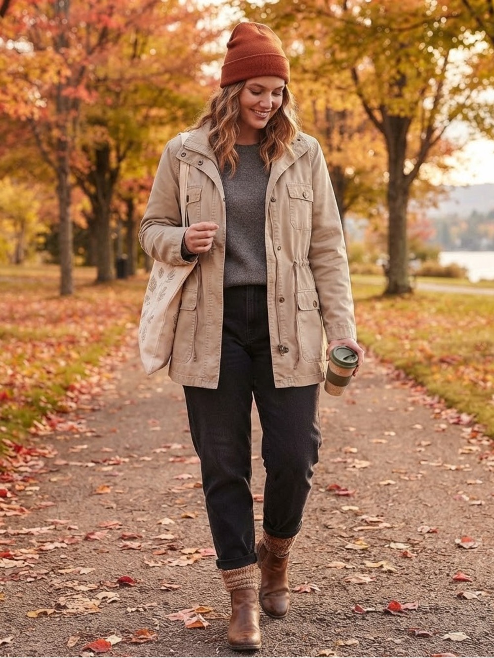 Women’s Beige Utility Jacket with Hood & Drawstring Waist – Size XL